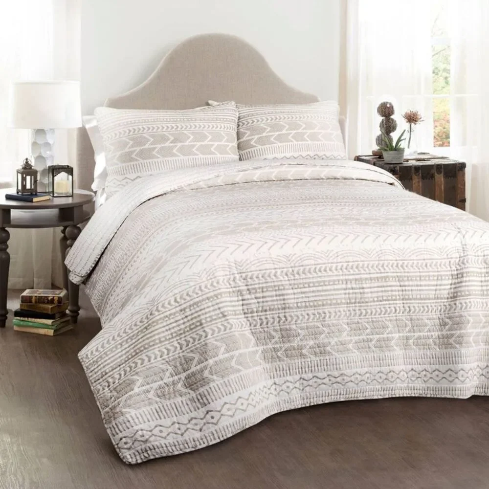 Lush Decor - Lush Décor 3pc King Hygge Geo Reversible Cotton Qu Taupe/White